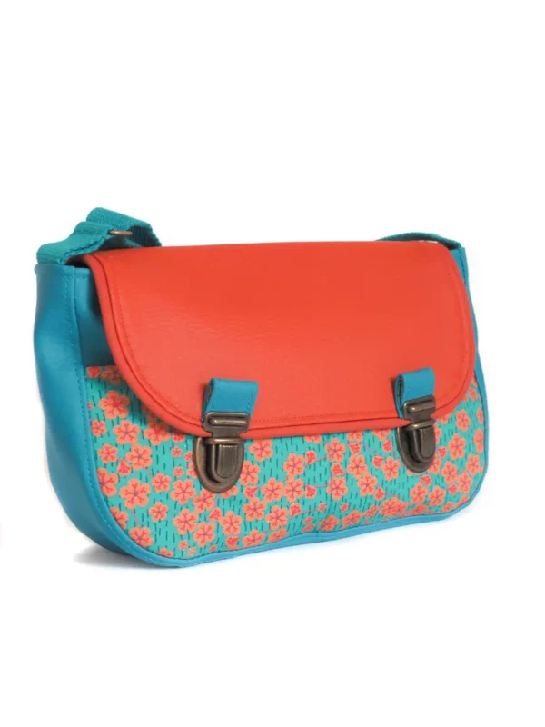 Sac à main femme attache cartable rétro cousu main en France simili cuir rouille tissu imprimé turquoise fleurs Lili