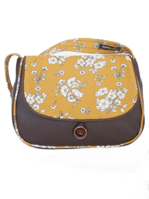 Sac à main femme réversible côté simili cuir marron tissu imprimé moutarde fleurs