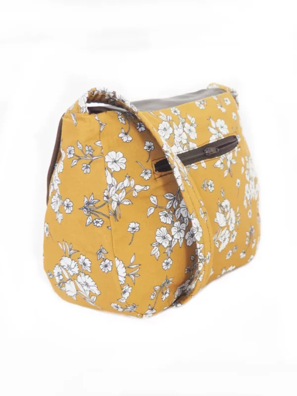 Sac réversible femme bandoulière côté tissu imprimé moutarde fleurs poche zippée