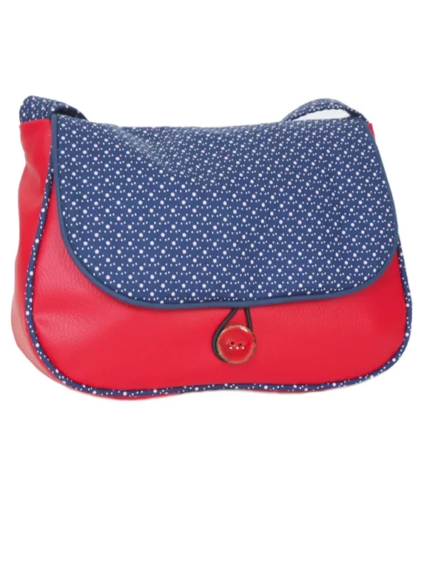 Sac à main femme réversible simili cuir rouge et tissu imprimé bleu pois côté simili