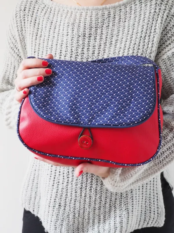 Sac à main femme bandoulière simili cuir rouge et tissu imprimé bleu pois fabriqué en France