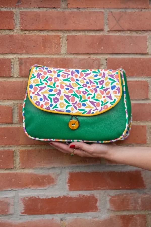 Sac à main femme fait main réversible simili cuir vert tissu imprimé multicolore fleurs