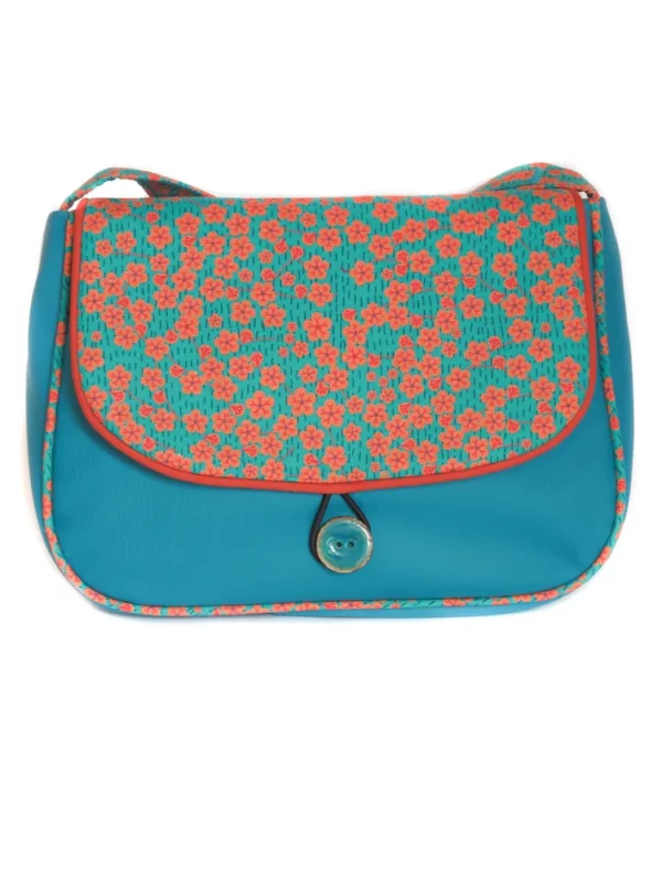 Sac à main femme 2 en 1 turquoise et orange fleurs fait main en Bretagne