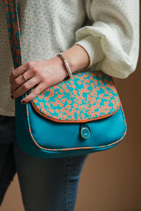 Sac à main femme bandoulière simili cuir turquoise tissu imprimé fleuri orange Lili