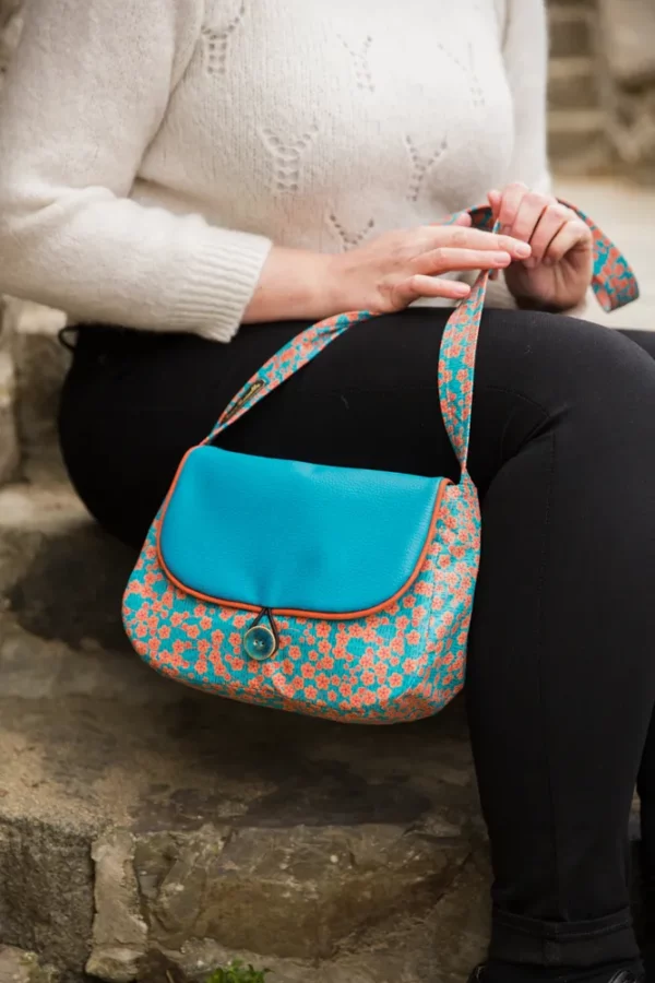 Sac à main femme bandoulière réversible côté tissu imprimé turquoise orange fleurs Lili