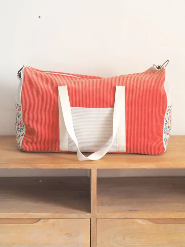 Sac week-end sac à langer velours corail écru tissu imprimé fleurs