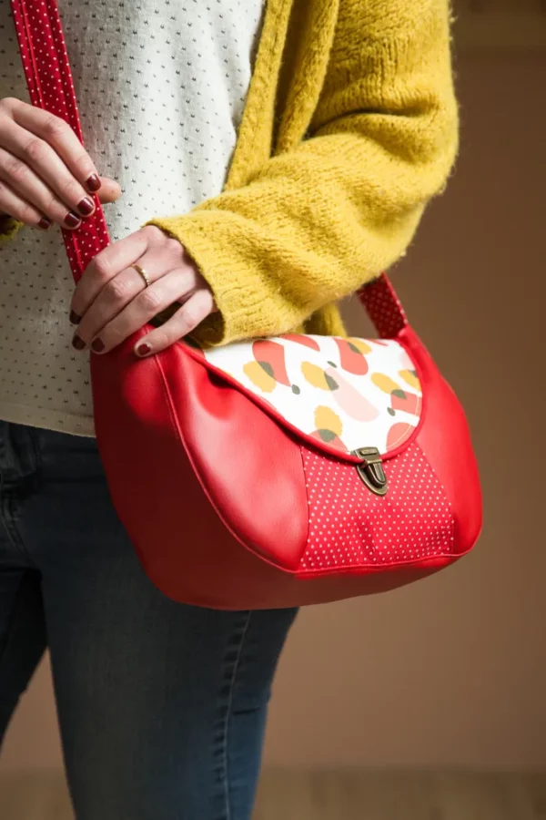 Sac à main femme besace fait main en France simili cuir rouge tissu imprimé Matilda moutarde