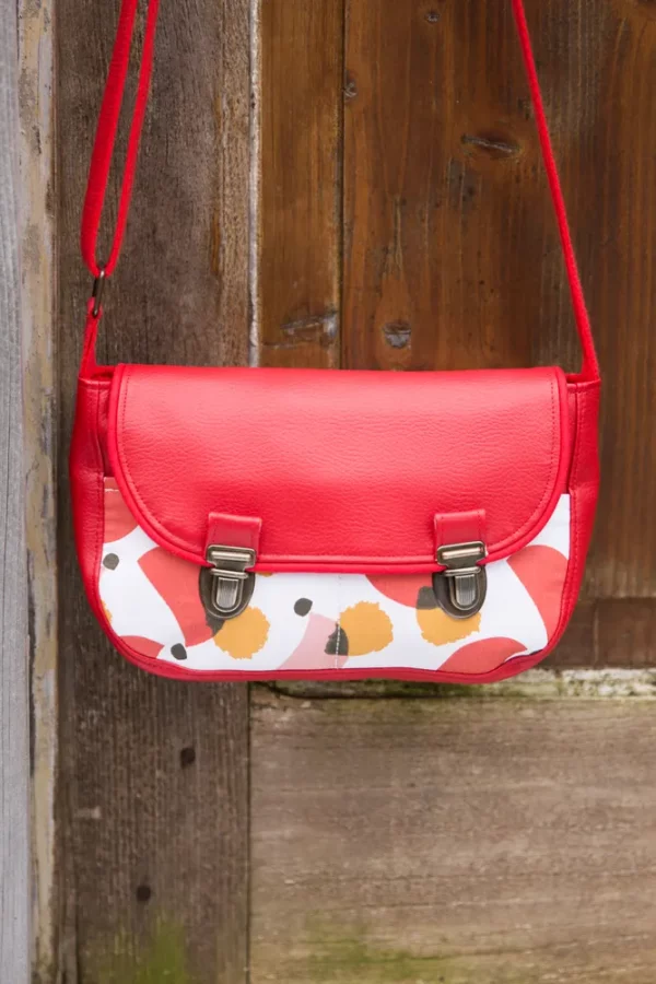 Sac à main femme attache cartable rétro simili cuir rouge tissu imprimé rouge blanc moutarde