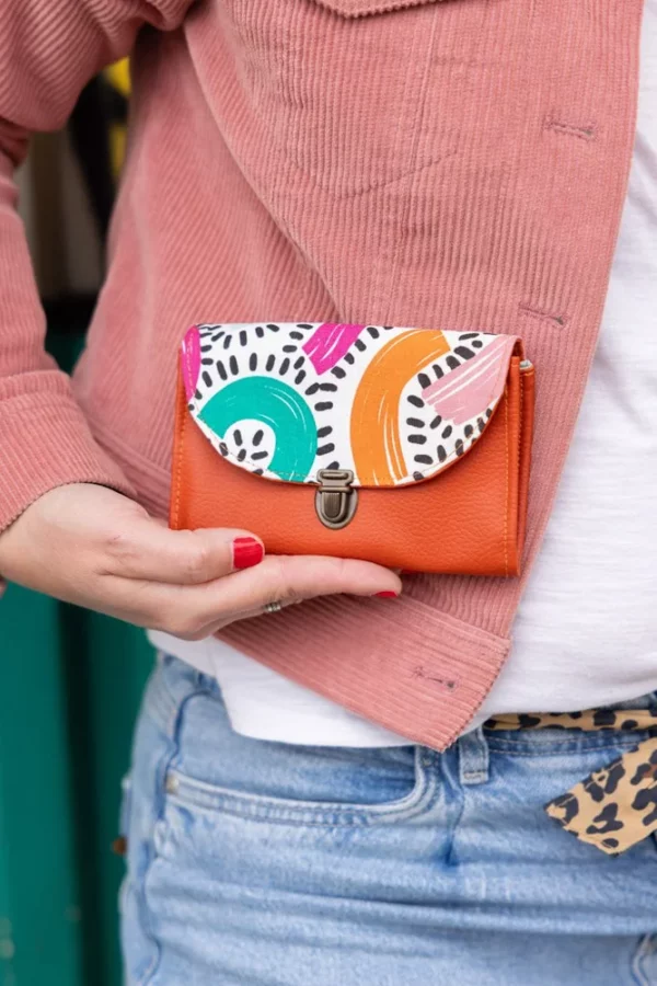 Porte monnaie fait main en France simili cuir rouille tissu imprimé multicolore Fanny