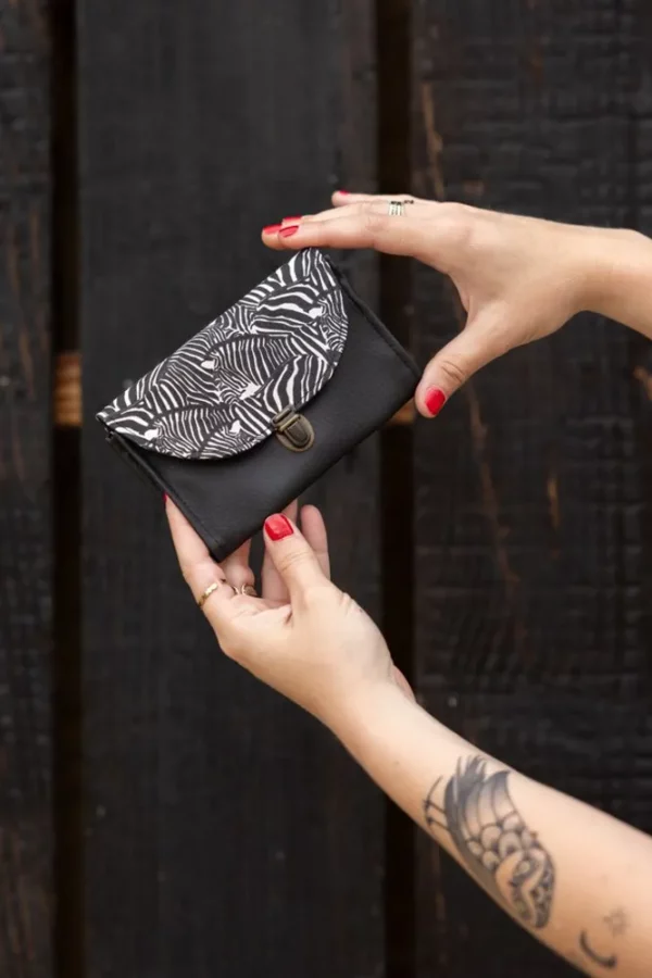 Porte monnaie femme compact noir zèbre fait main