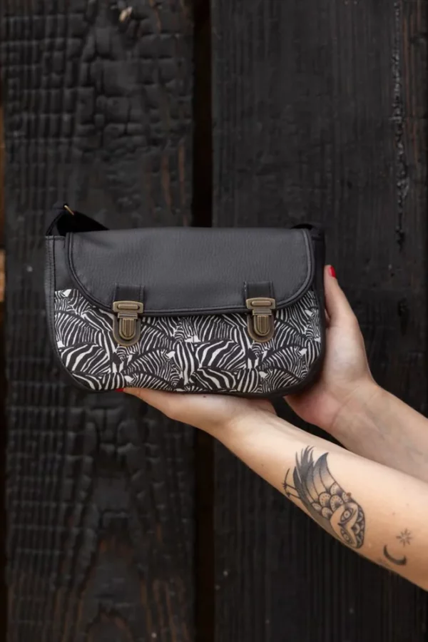 Sac à main femme l'essentiel fait main bandoulière ajustable simili cuir noir tissu imprimé zèbre