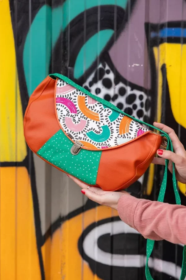 Sac à main femme besace fait main en France simili cuir rouille tissu imprimé Fanny