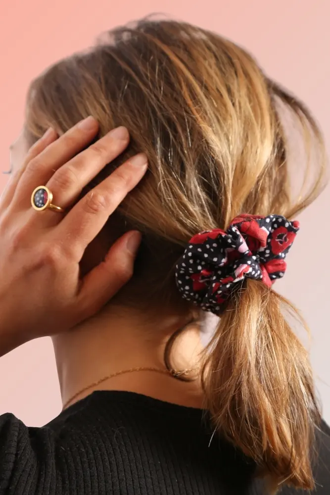 Chouchou cheveux Poppy coton imprimé noir pois