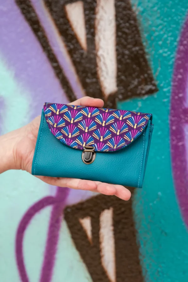 Porte monnaie femme fait main en France simili cuir turquoise tissu imprimé doré violet Cléo