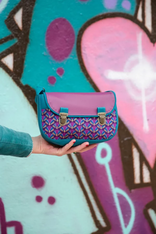 Sac à main femme fait main en France simili cuir turquoise violet tissu imprimé Cléo