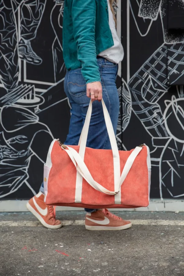 Sac week-end velours corail et tissu imprimé fait main en France