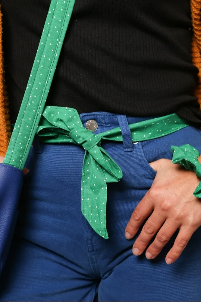Ceinture à nouer fait main en France tissu imprimé vert pois Léna