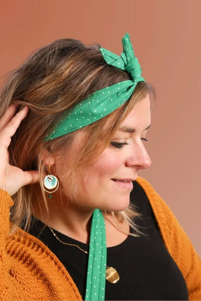 Headband femme fait main bandeau cheveux à nouer tissu imprimé vert pois Léna