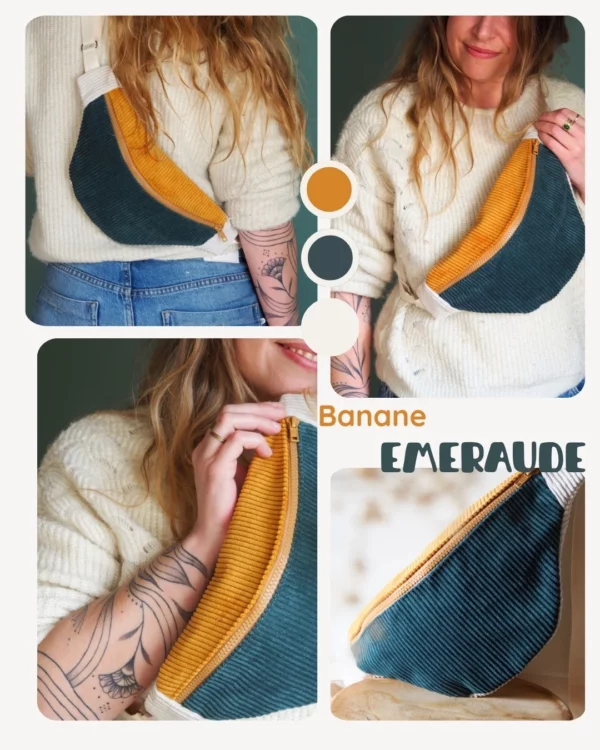 Banane velours Emeraude cousue main – pièce unique Claire Rainette