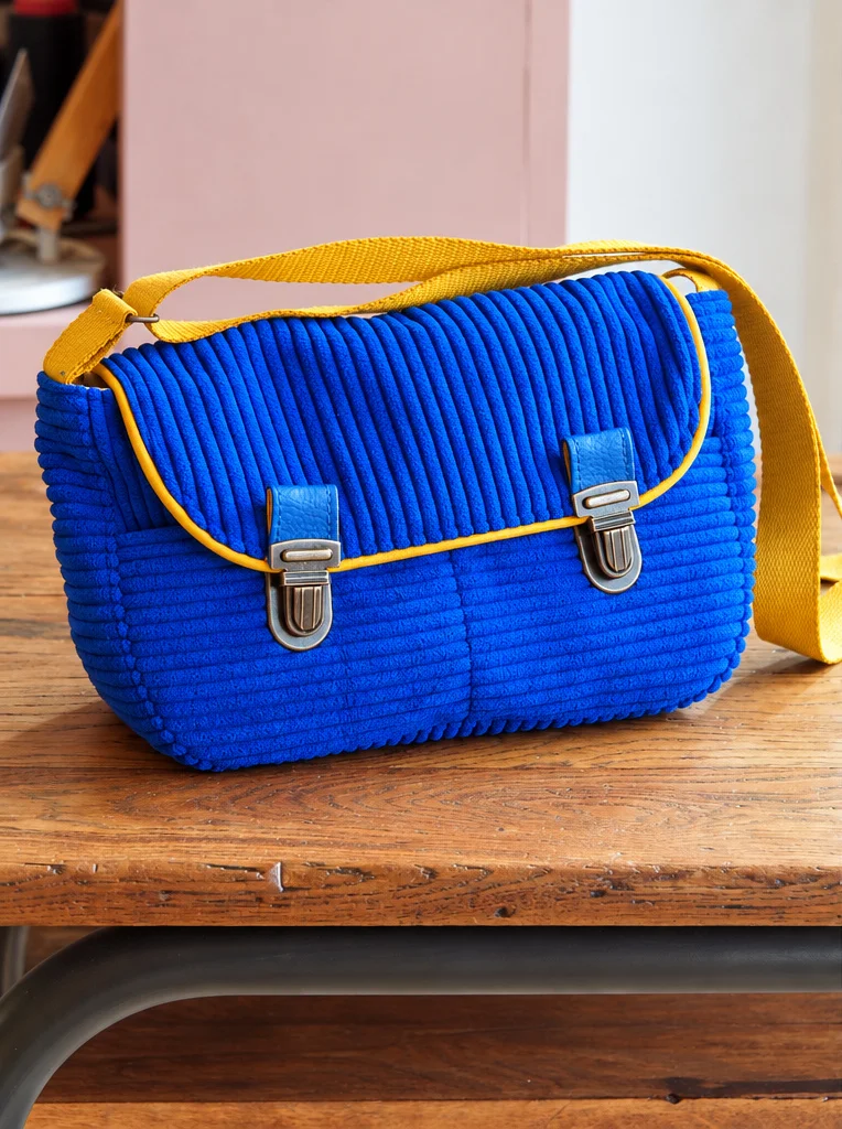 Sac bandoulière femme en velours côtelé bleu électrique – L'Essentiel – Image 2
